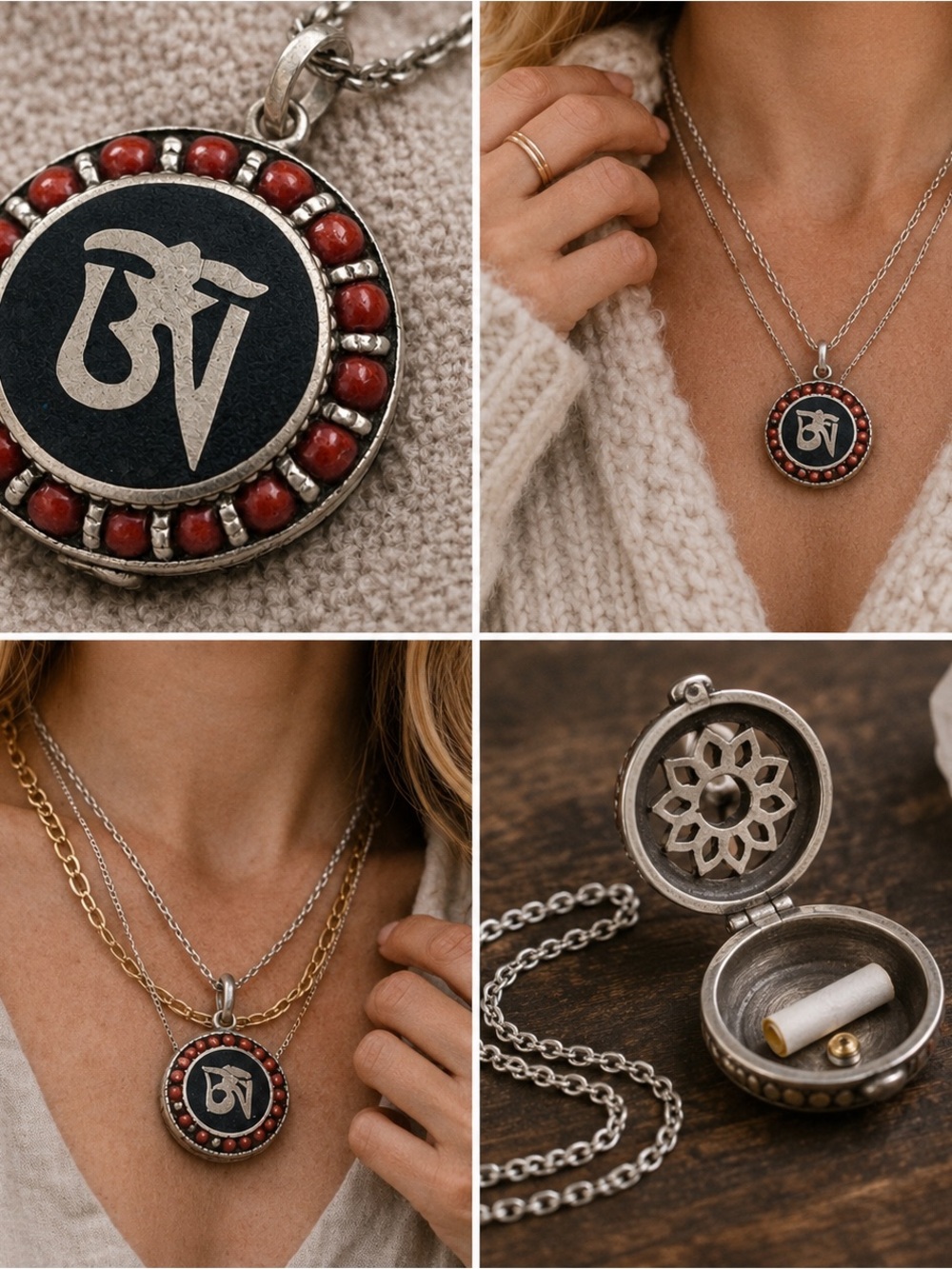 Tibetan Om Hidden Storage Pendant  Coral Inlay Meditation Locket